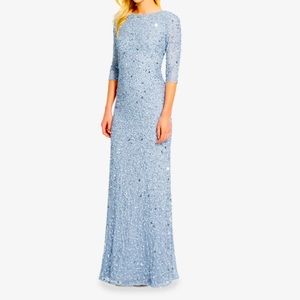 ADRIANNA PAPELL SCOOP BACK SEQUIN GOWN 3/4 SLEEVES